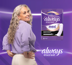 Packshot of Always Discreet Maxi Night Pads with a model