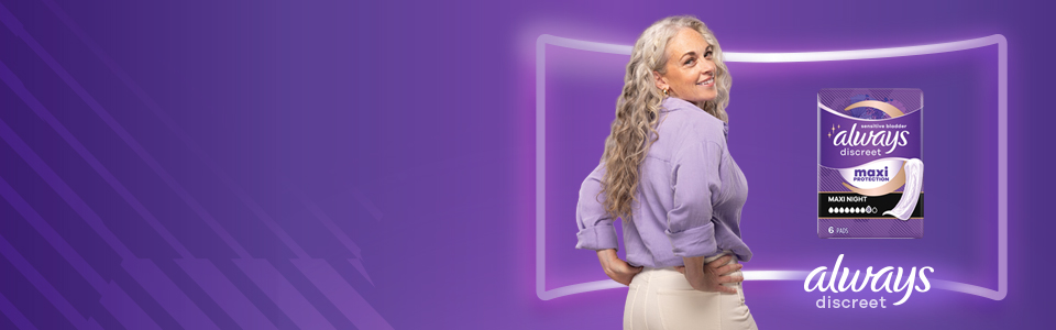 Packshot of Always Discreet Maxi Night Pads with a model