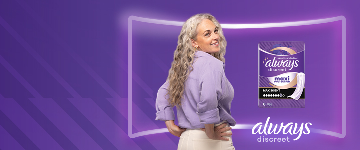 Packshot of Always Discreet Maxi Night Pads with a model