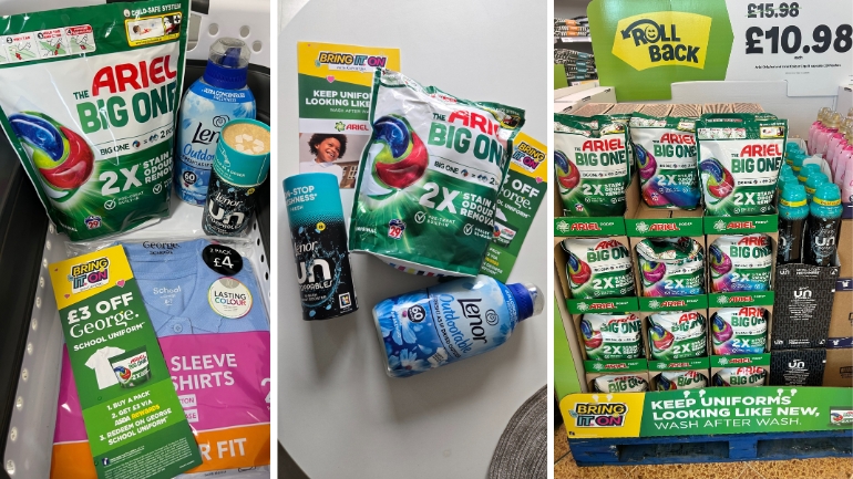 Ariel x George starter kits flatlays, Ariel x George display in ASDA