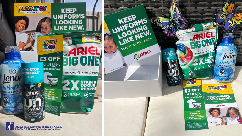 Pictures showing the starter kit: Ariel The Big One PODS, Lenor Outdoorable, Lenor Unstoppables, the project handbook and the flashcard with promotion details in front of their box. 