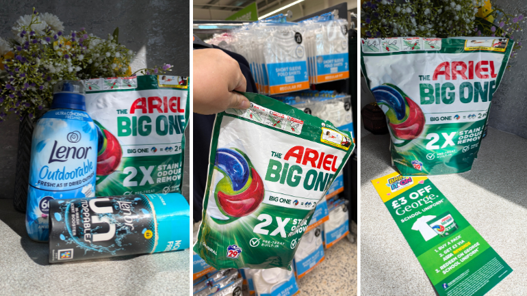 Ariel The Big One PODS next to Lenor Outdoorable and Lenor Unstoppables and George uniforms.