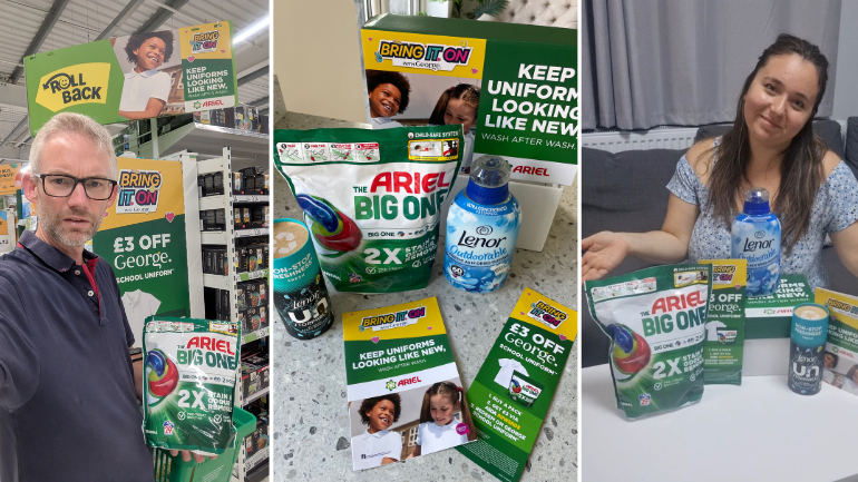 Pictures showing the starter kit and the promotion: Ariel The Big One PODS, Lenor Outdoorable, Lenor Unstoppables, the project handbook and the flashcard with promotion details in front of their box. One savvy circler is in ASDA showing the promotion, whi