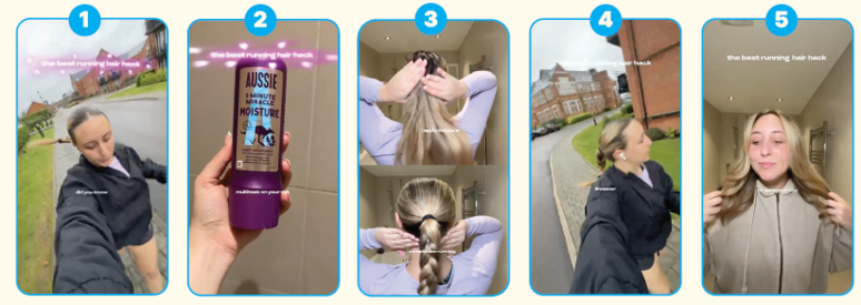 Girl showing hair care routine with Aussie while exercising