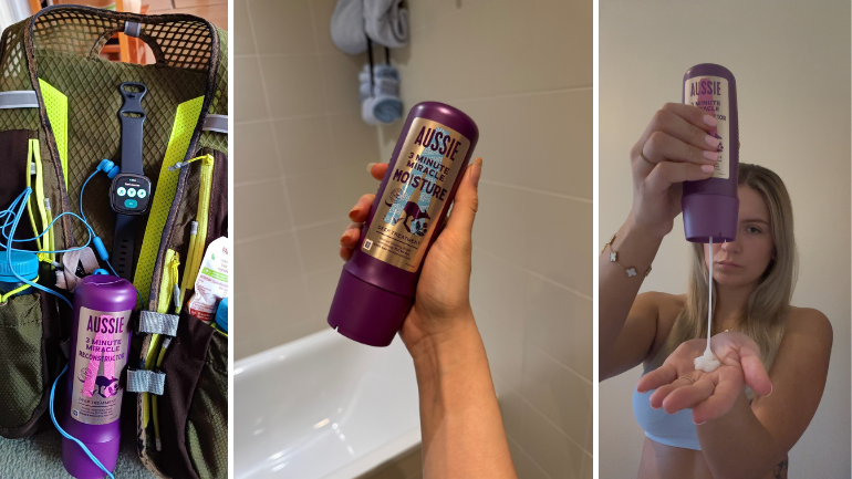 Aussie 3 Minute miracle next to gym bag, in hand and woman's hand