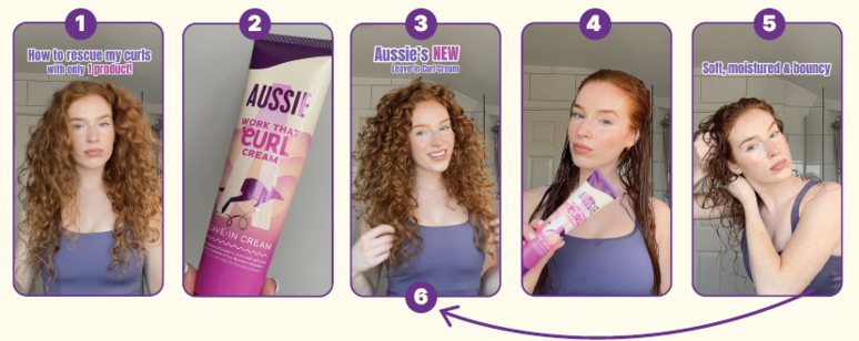 Woman with curly hair showing hair care routine with Aussie
