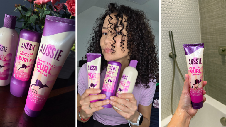 Aussie Curls range and curly haired woman holding Aussie products