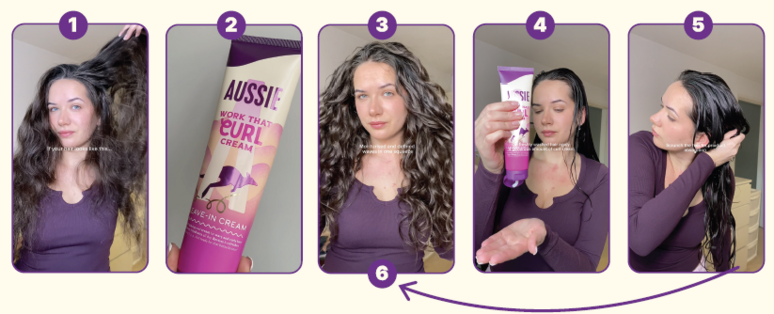 Woman with wavy hair showing hair care routine with Aussie