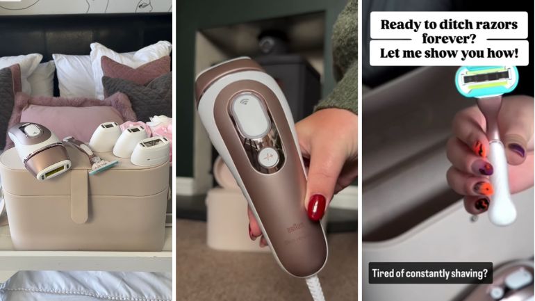 Photo collage of the Braun Smart IPL in use and a razor