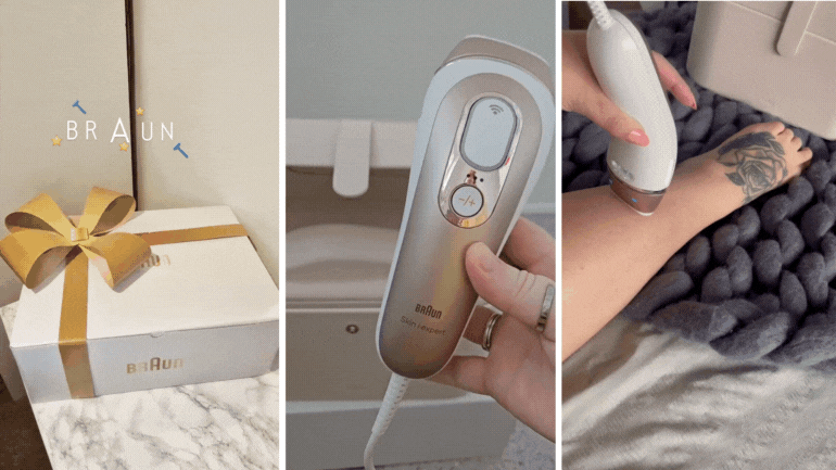 Montage of Braun gift box, the device and the device used on legs