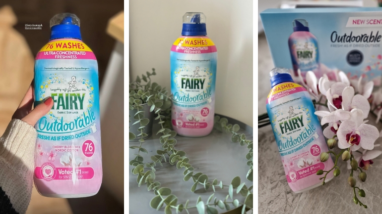 Photo collage of Fairy Outdoorable Cherry Blossom & Nordic Cotton Fabric Softener bottles