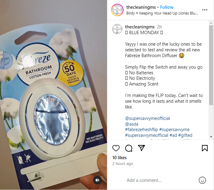 Screenshot of an Instagram reel showing Febreze