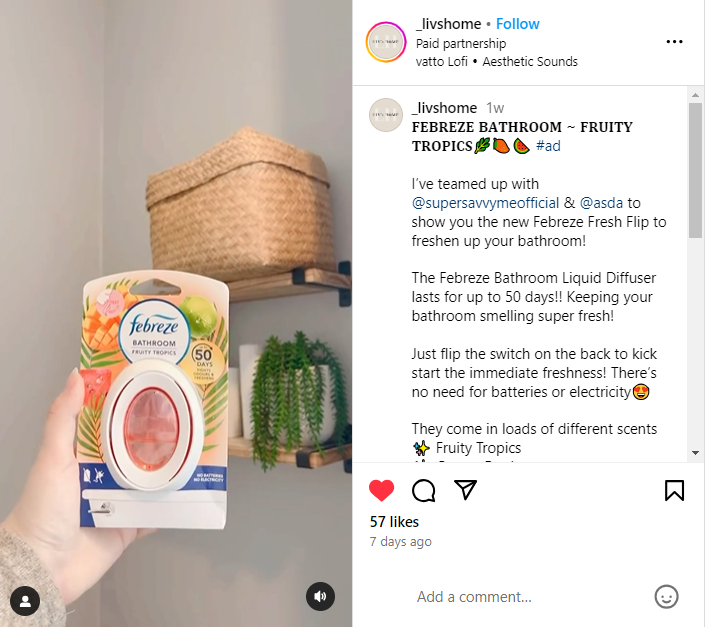 Screenshot of an Instagram reel showing Febreze
