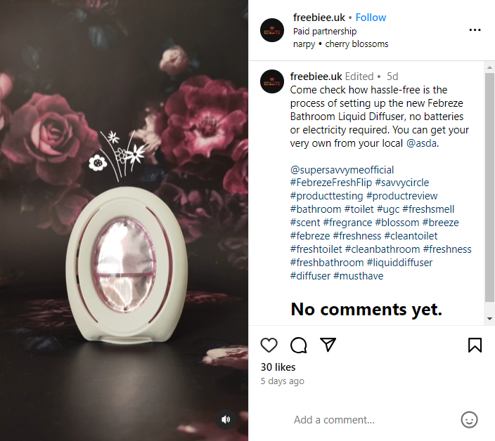 Screenshot of an Instagram reel showing Febreze