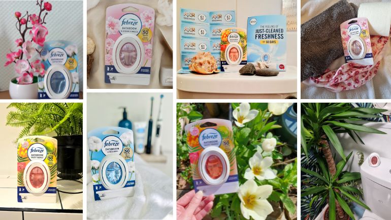Photo collage of Febreze Bathroom packshots and usage photos