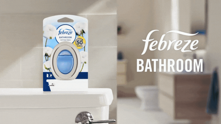 GIF showing Febreze Bathroom placed in a bathroom and fighting odours