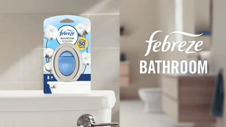 GIF showing Febreze flip activation and placement in bathroom
