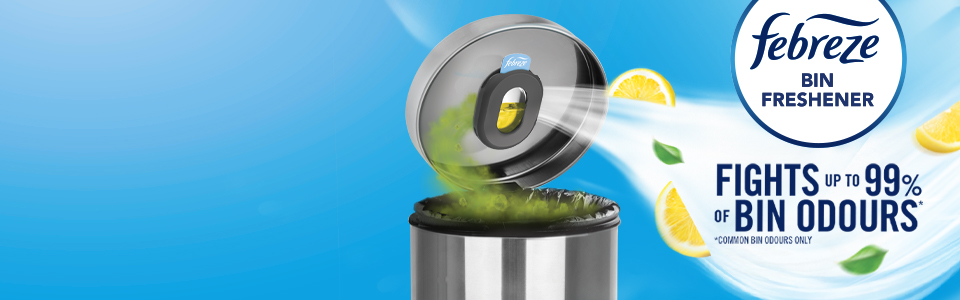 Febreze bin freshener showing on a lid of a bin