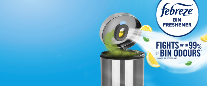 Febreze bin freshener showing on a lid of a bin