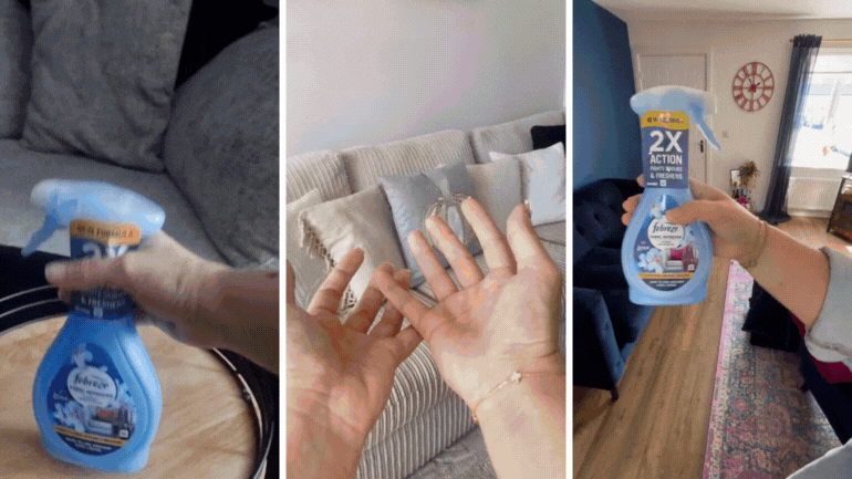 Gif showing savvy circlers refreshing their sofas with Febreze Fabric Refresher
