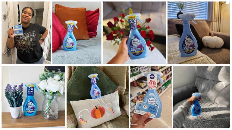 Photo collage of Febreze Fabric Refresher in use