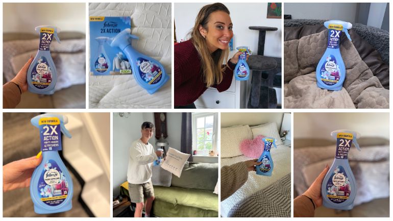Photo collage of Febreze Fabric Refresher in use