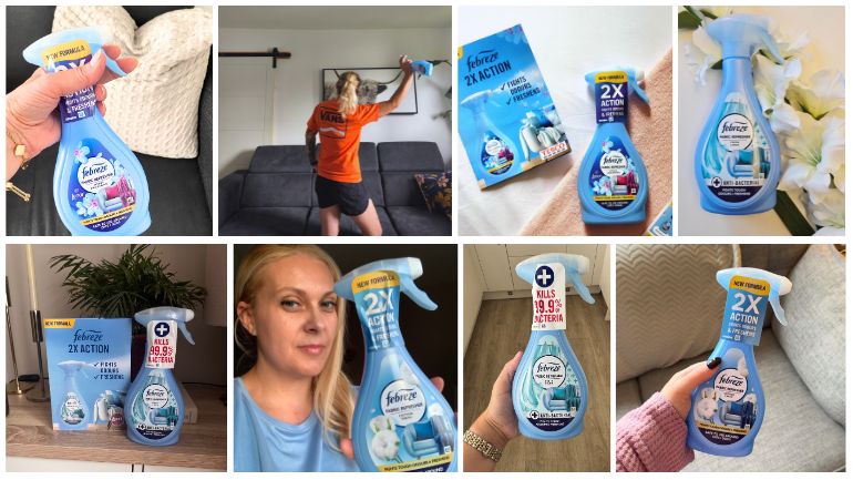 Photo collage of Febreze Fabric Refresher in action