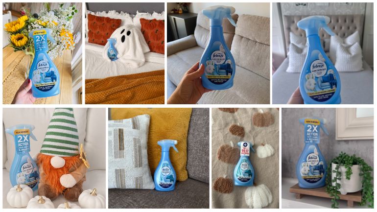Photo collage of Febreze Fabric Refresher in use