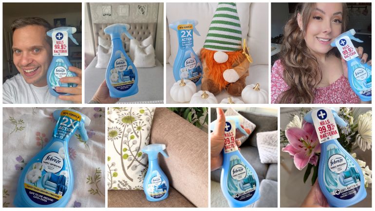 Photo collage of the Febreze Fabric Refresher in use