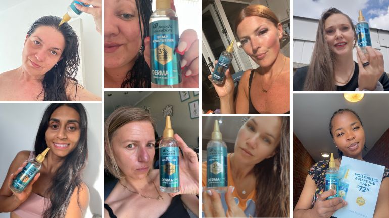 Photo collage of women holding the Head & Shoulders DermaXPro bottle