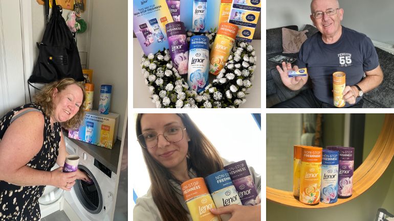 Participants testing Lenor in-wash Scent Boosters and handing out coupons 