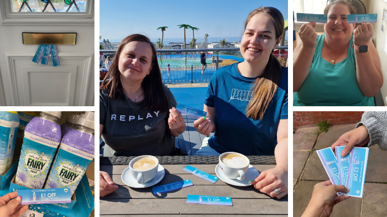 Collage of savvy circlers sharing coupons: leaving them in mailbox, taking to store, sharing with friends.