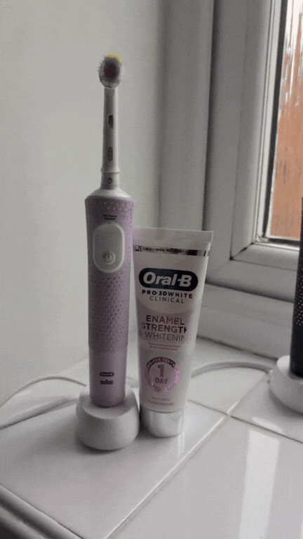 Grab your electric toothbrush and use it with Oral-B Enamel Strength & Whitening Toothpaste