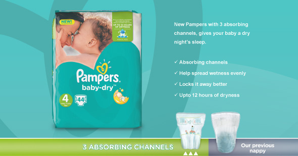 Pampers Baby Dry have three absorbing channels that help spread the wetness evenly and lock it away better, so they're less bulky in the morning.