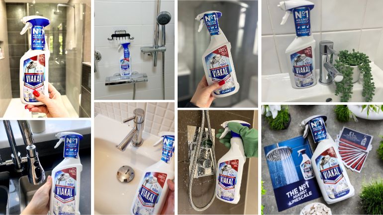 Photo collage of Viakal Classic Limescale Remover Spray in use