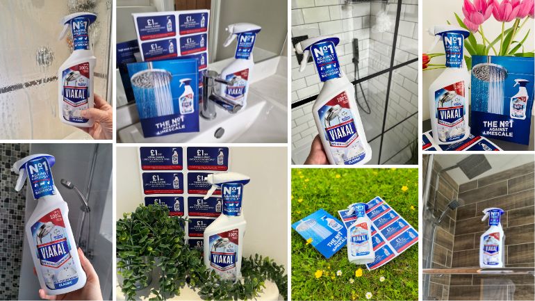 Photo collage showing the Viakal Classic Limescale Remover in use